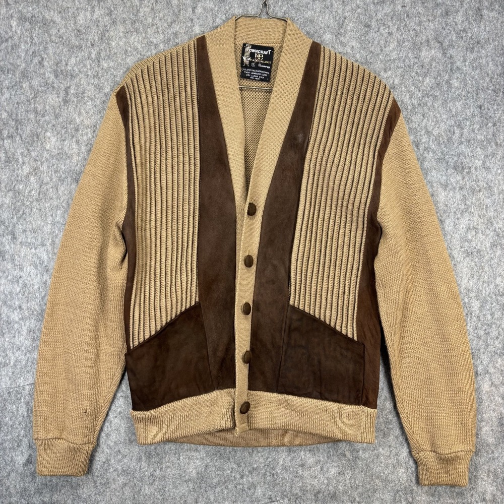 Vintage 60s Wool Lambskin Suede Knit Cardigan Sweater Small Brown Rockabilly Mod